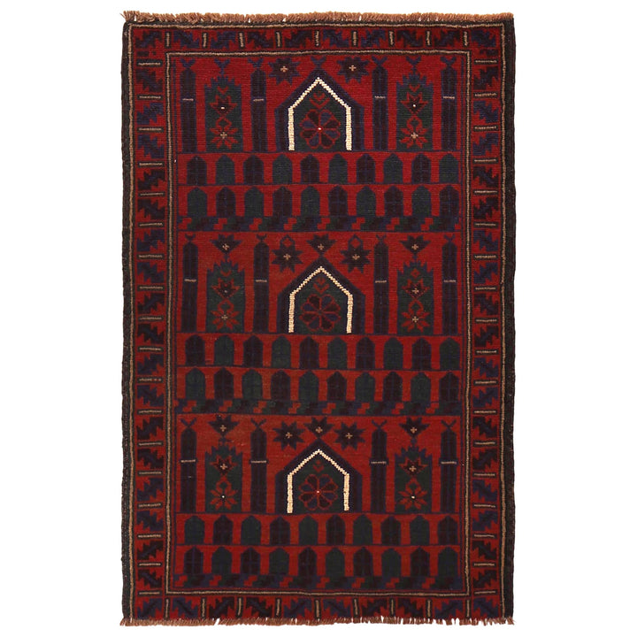 Red Afghan Prayer Rug 3' 0" x 4' 8" Hand-Knotted