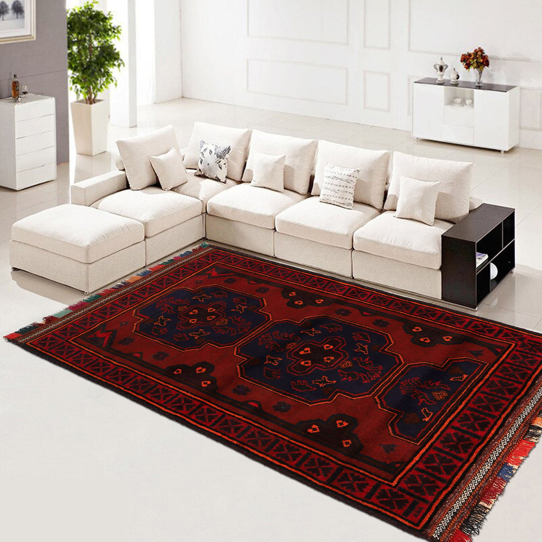Red Afghan Baluchi Rug 4' 1" x 6' 5" Hand-Knotted field