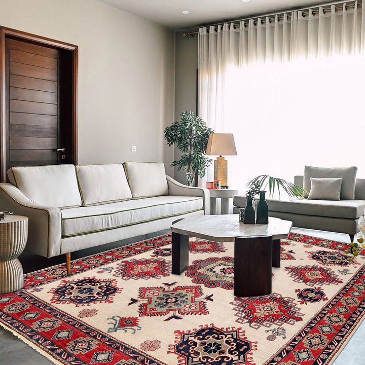 Beige Afghan Kazak Rug 8' 3" x 9' 8" Hand-Knotted view
