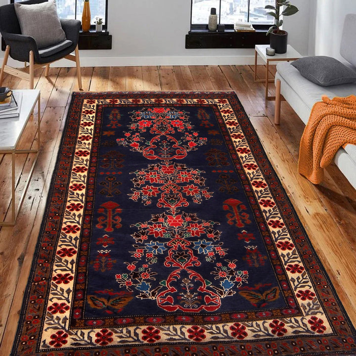 Navy Blue Afghan Baluchi Rug 4' 0" x 7' 3" Hand-Knotted texture
