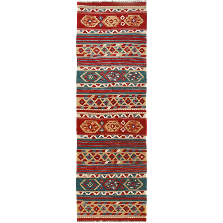 Colorful Flat-Weave Wool Kilim Runner 3' 9" x 12' 8" - No. AL31161