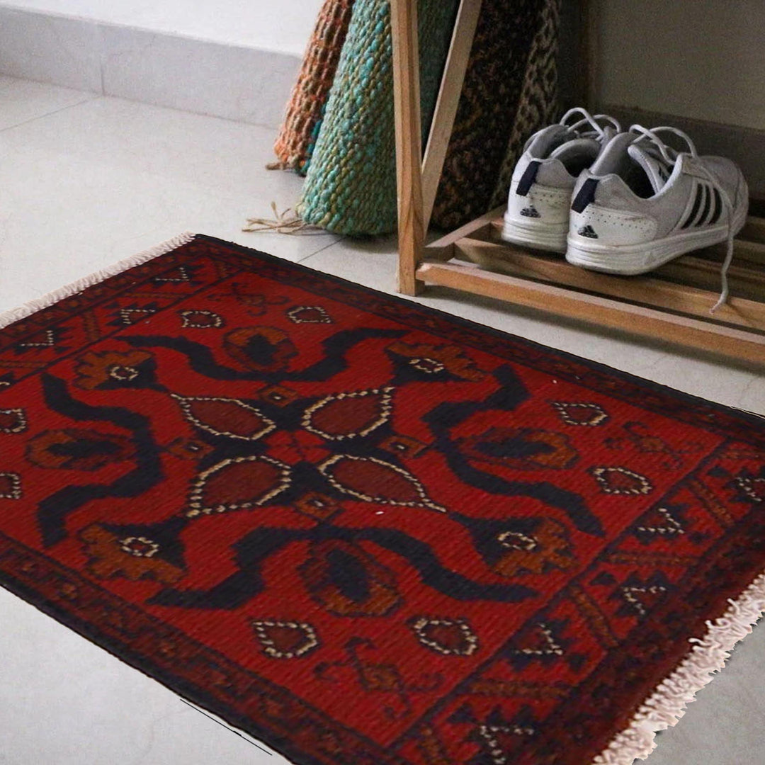 Red Afghan Doormat Rug 1' 5" x 2' 0" Hand-Knotted view
