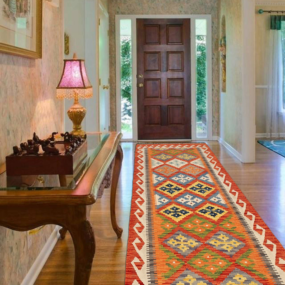 Colorful Flat-Weave Wool Kilim Runner 2' 8" x 6' 6" - No. AL84018