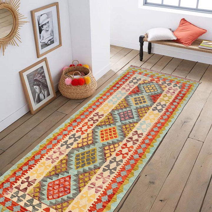 Colorful Flat-Weave Wool Kilim Runner 2' 8" x 6' 10" - No. AL89131