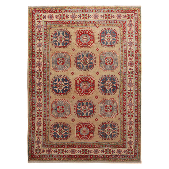 Beige Afghan Kazak Rug 6'1" x 9'5" Hand-Knotted