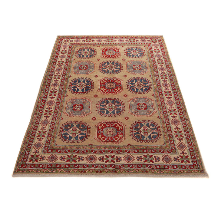Beige Afghan Kazak Rug 6'1" x 9'5" Hand-Knotted detail