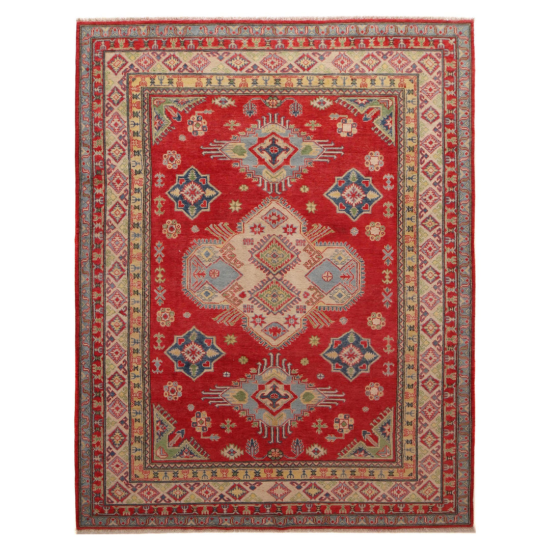 Red Afghan Kazak Rug 6' 9" x 9' 9" Hand-Knotted