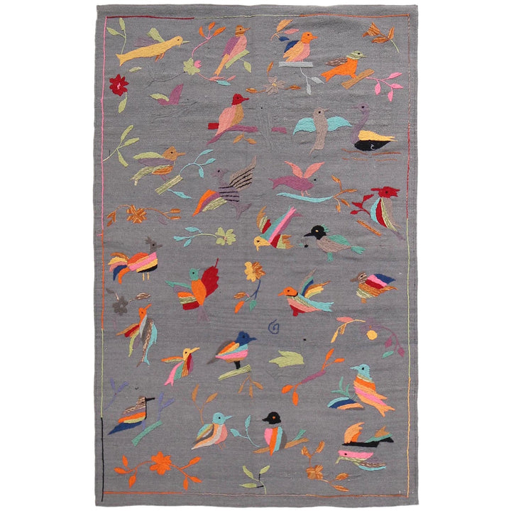 Gray Color Embroidery Flat Weave Kilim 3' 11" x 6' 5" - No. AL61566