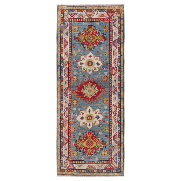 Blue Afghan Kazak Rug 2' 9" x 6' 9" Hand-Knotted