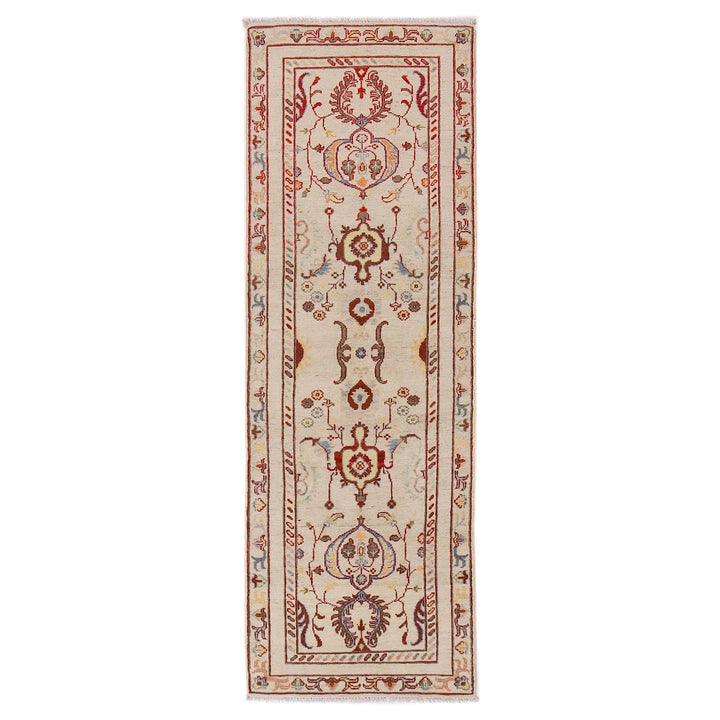 Beige Afghan Kazak Rug 2'6" x 7'7" Hand-Knotted | No. AL35515