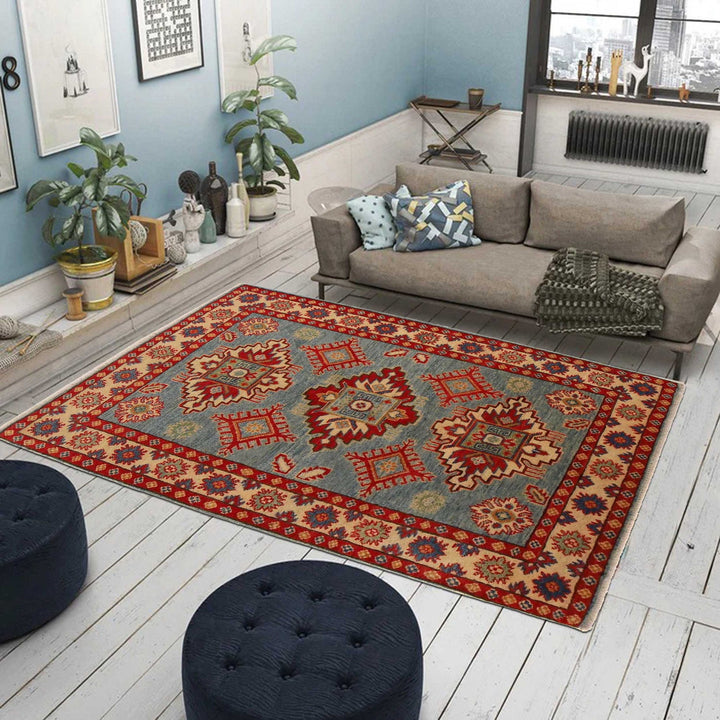 Blue Afghan Kazak Rug 3' 4" x 4' 10" Hand-Knotted | No. AL83457