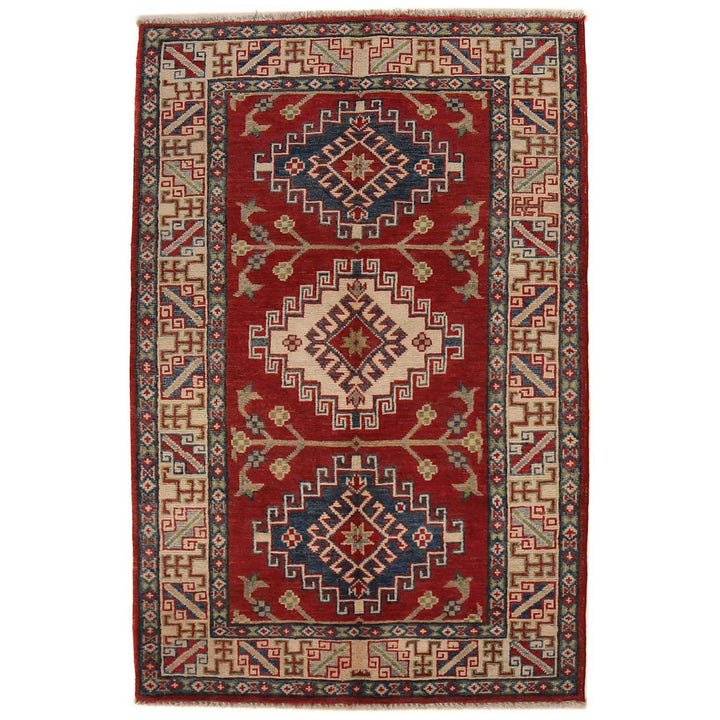 Red Afghan Kazak Rug 3' 2" x 4' 9" Hand-Knotted | No. AL63037