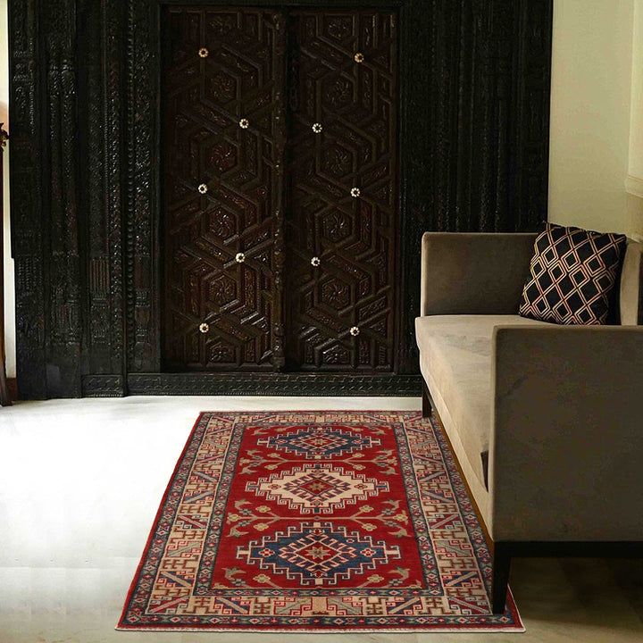 Red Afghan Kazak Rug 3' 2" x 4' 9" Hand-Knotted | No. AL63037