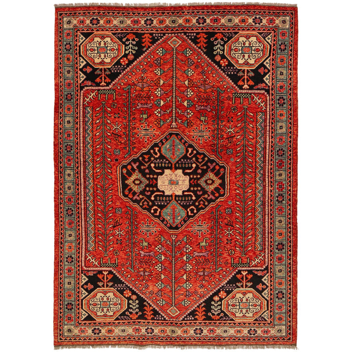 Red Afghan Shirazi Rug 6' 10" x 9' 8" Hand-Knotted