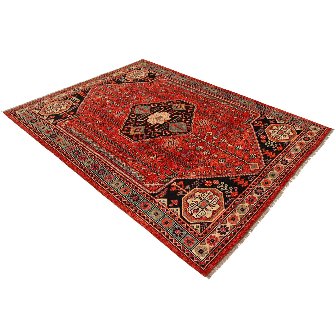 Red Afghan Shirazi Rug 6' 10" x 9' 8" Hand-Knotted close-up