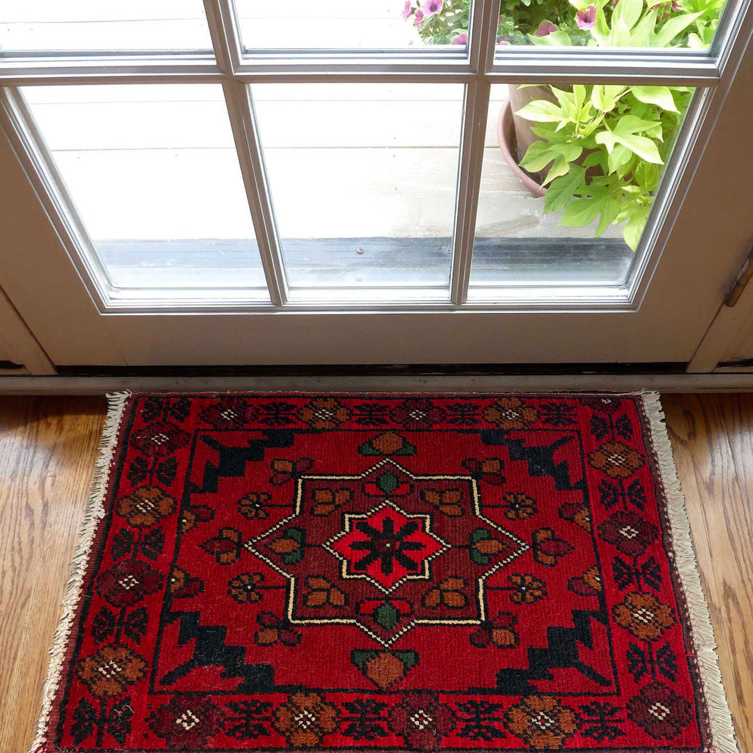Red Afghan Doormat Rug 1' 5" x 2' 0" Hand-Knotted | No. AL687928