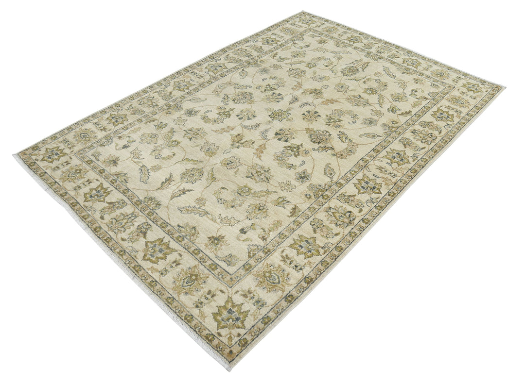 Ivory Afghan Ziegler Rug 4' 5" x 6' 5" Hand-Knotted close-up