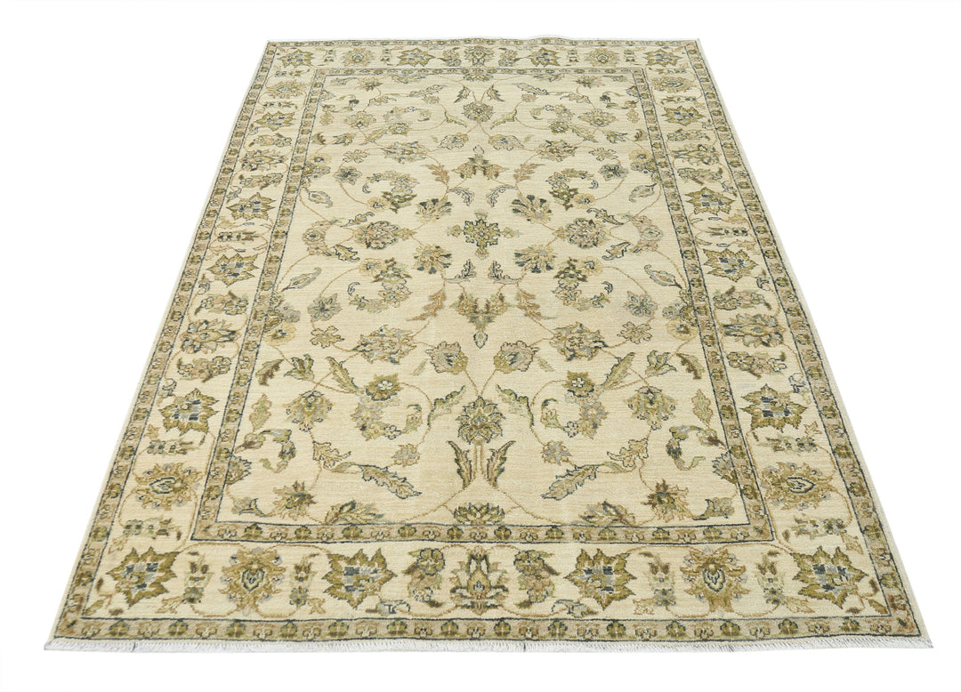 Ivory Afghan Ziegler Rug 4' 5" x 6' 5" Hand-Knotted pattern