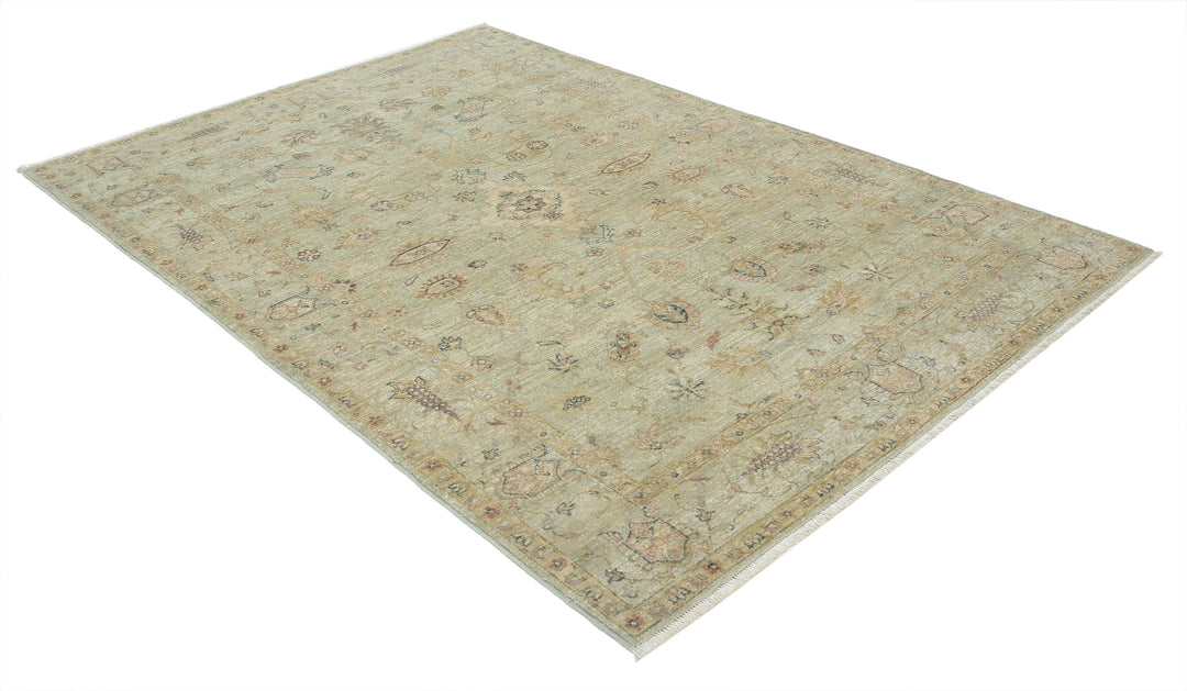 Green Afghan Ziegler Rug 5' 4" x 7' 9" Hand-Knotted | No. AT27908