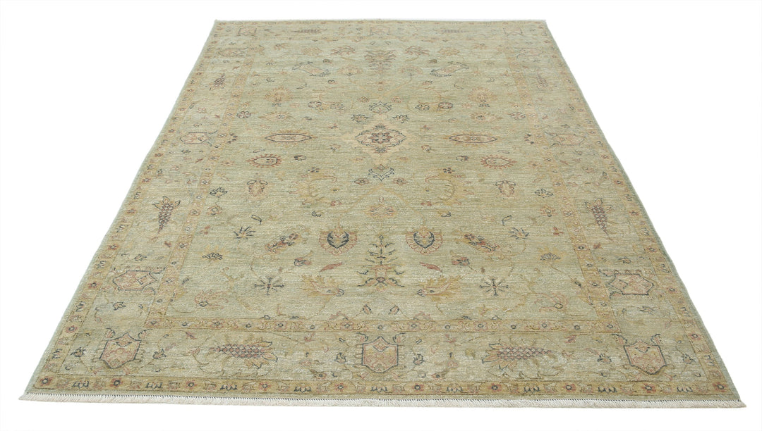 Green Afghan Ziegler Rug 5' 4" x 7' 9" Hand-Knotted | No. AT27908
