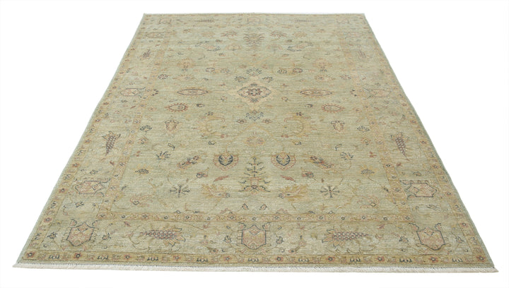 Green Afghan Ziegler Rug 5' 4" x 7' 9" Hand-Knotted | No. AT27908