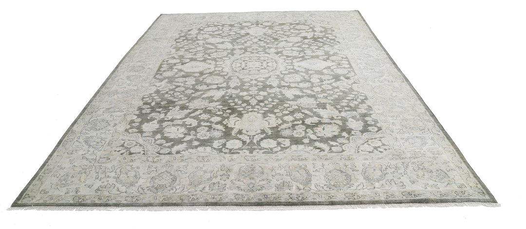 Green Indian Ziegler Rug 8' 0" x 11' 5" Hand-Knotted detail