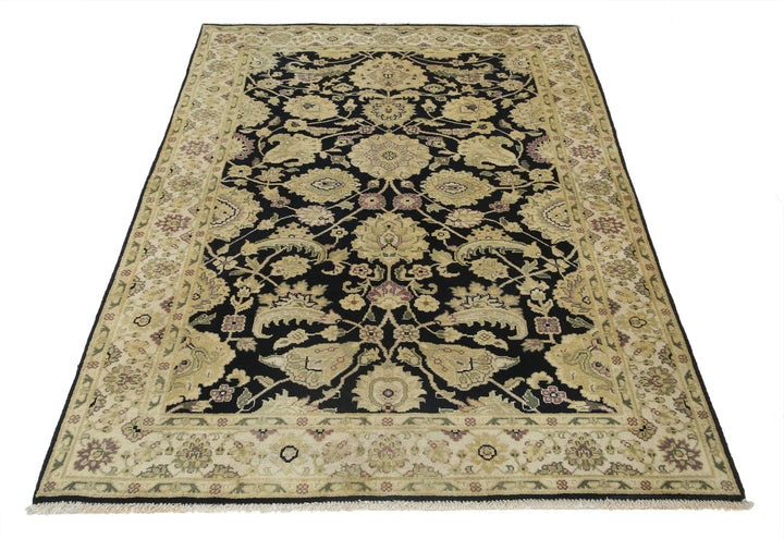 Black Indian Ziegler Rug 4' 0" x 5' 9" Hand-Knotted pattern