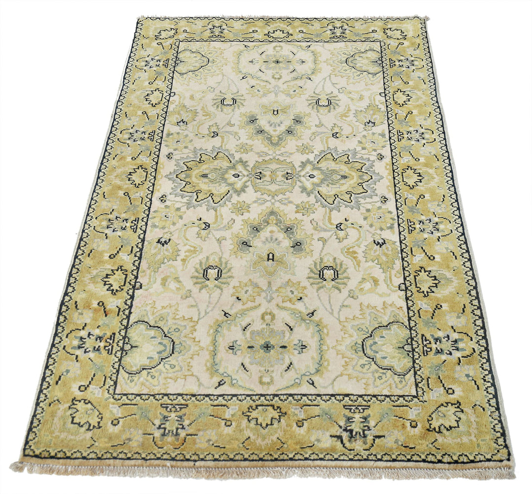 Beige Indian Ziegler Rug 2' 10" x 4' 10" Hand-Knotted close-up