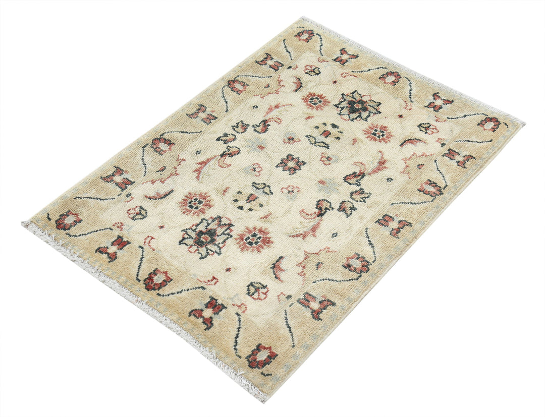 Beige Indian Ziegler Rug 2' 0" x 2' 10" Hand-Knotted close-up