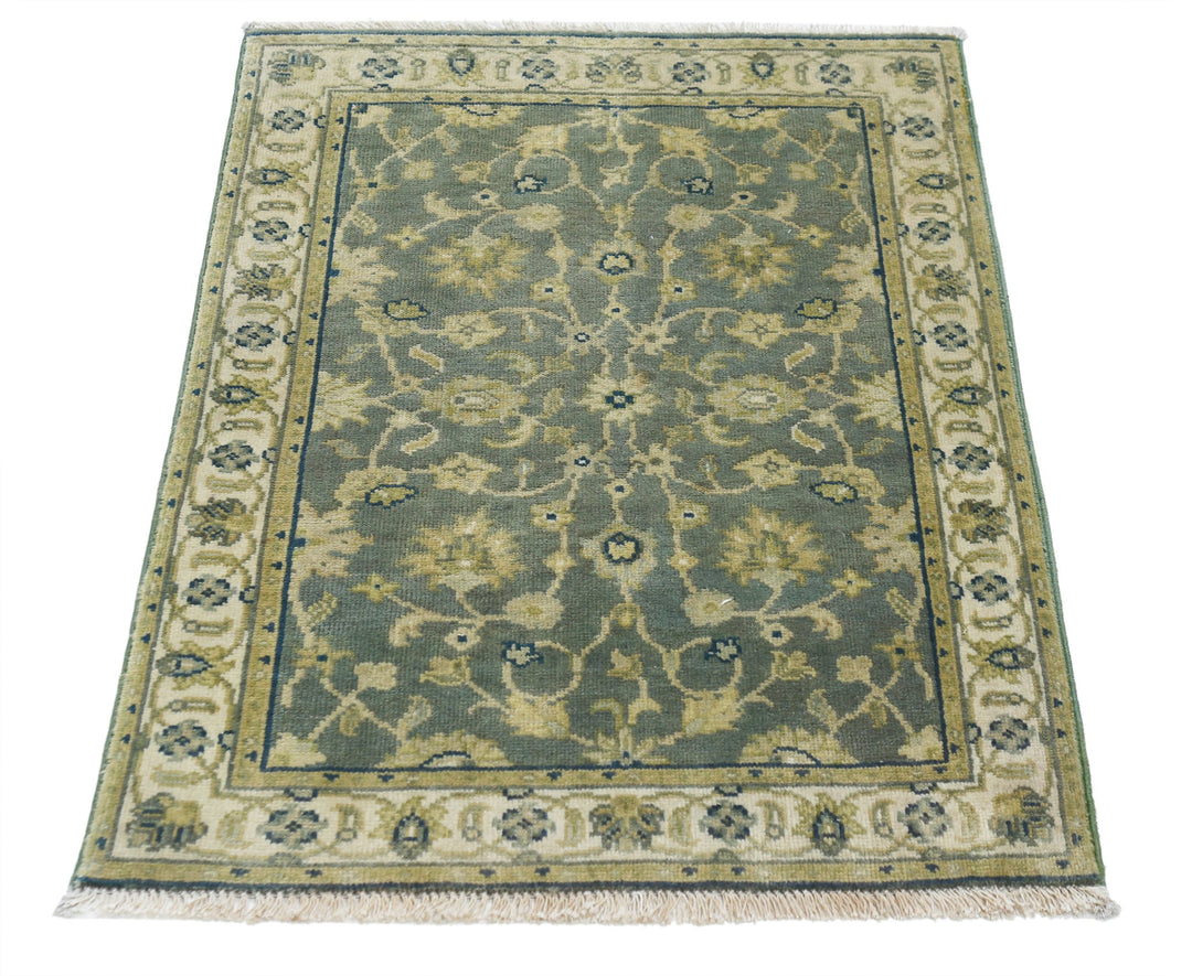Green Indian Ziegler Rug 1' 11" x 2' 10" Hand-Knotted close-up