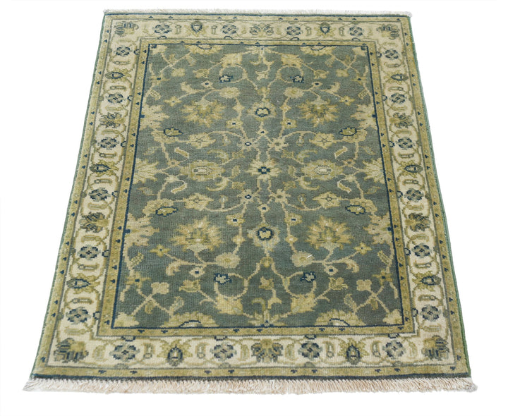 Green Indian Ziegler Rug 1' 11" x 2' 10" Hand-Knotted close-up
