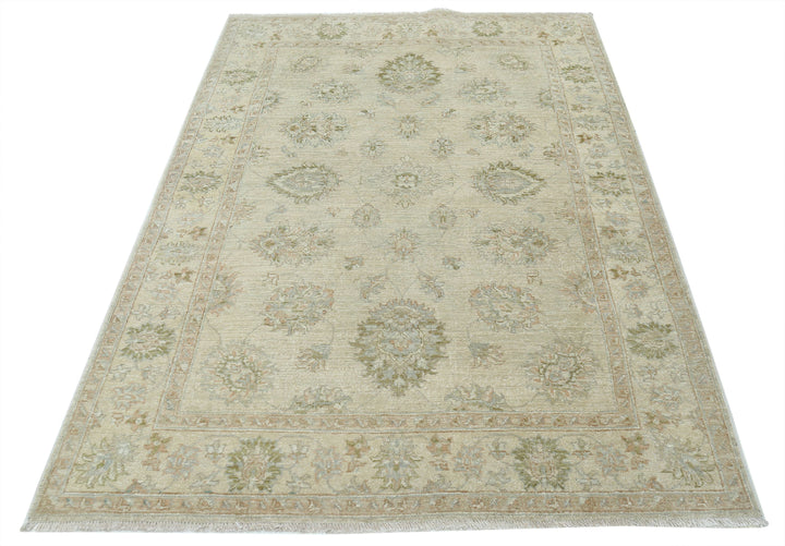 Ivory Afghan Ziegler Rug 4' 4" x 6' 4" Hand-Knotted border