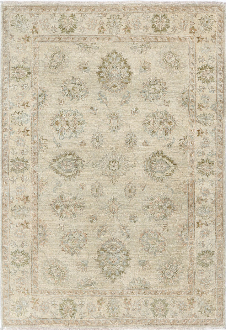 Ivory Afghan Ziegler Rug 4' 4" x 6' 4" Hand-Knotted