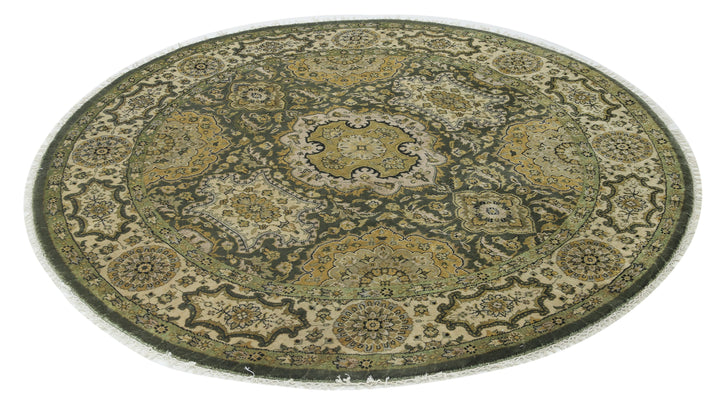 Green Indian Ziegler Rug 5' 9" x 5' 10" Hand-Knotted close-up