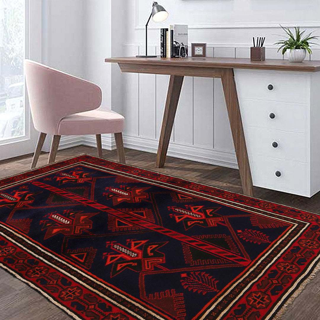 Navy Blue Afghan Baluchi Rug 4' 2" x 6' 5" Hand-Knotted border