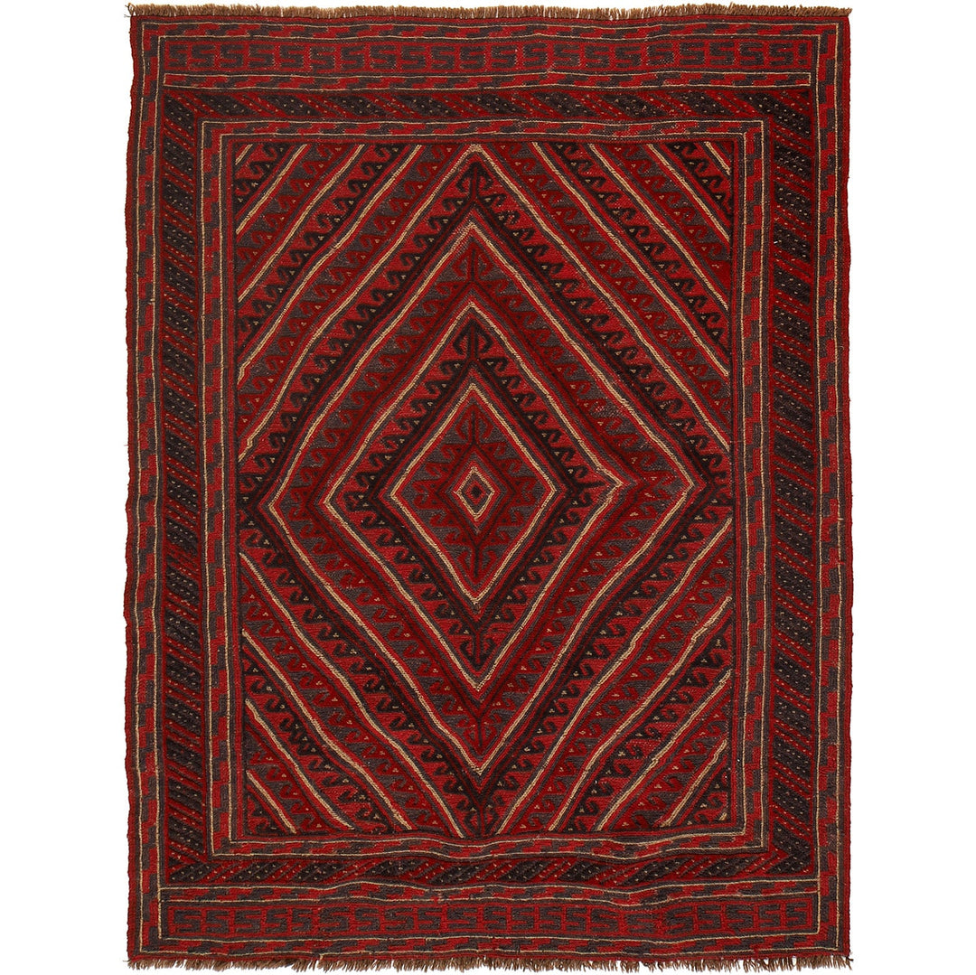 Deep Red Afghan Mashwani Rug 4' 6" x 5' 10" Hand-Knotted