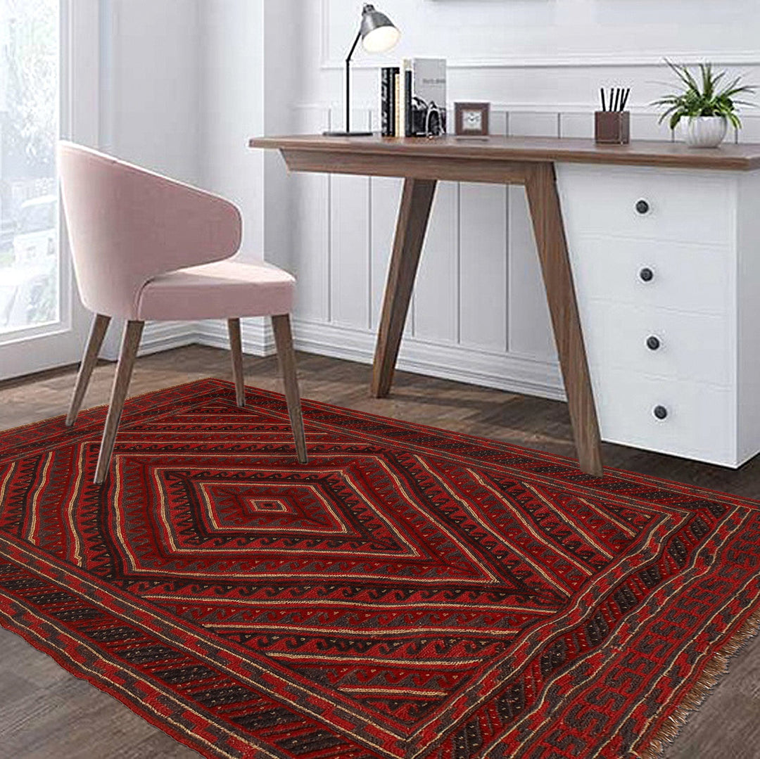 Deep Red Afghan Mashwani Rug 4' 6" x 5' 10" Hand-Knotted texture