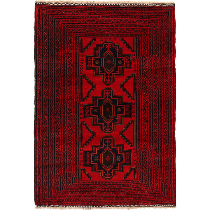 Red Afghan Baluchi Rug 4' 1" x 6' 1" Hand-Knotted
