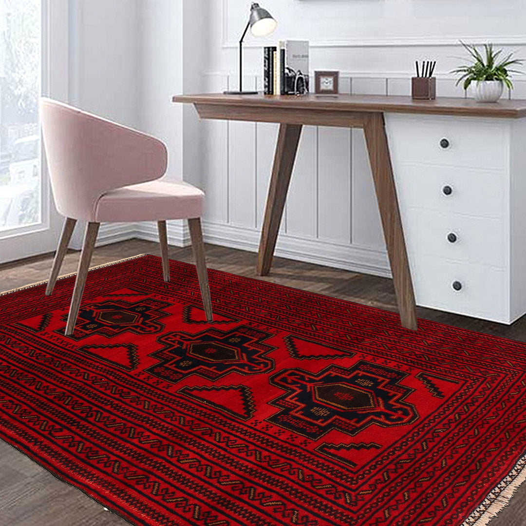 Red Afghan Baluchi Rug 4' 1" x 6' 1" Hand-Knotted texture