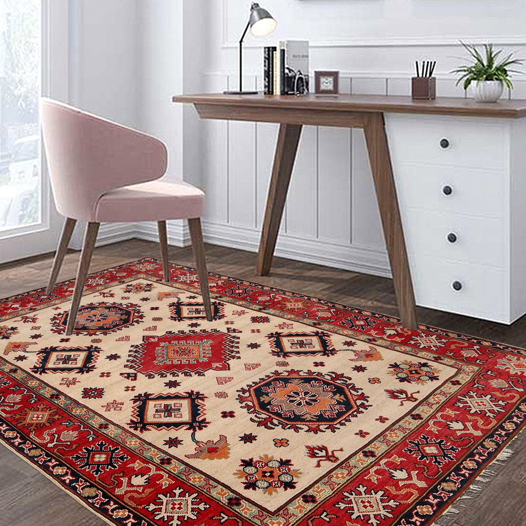 Beige Afghan Kazak Rug 5' 1" x 6' 3" Hand-Knotted | No. AL73448