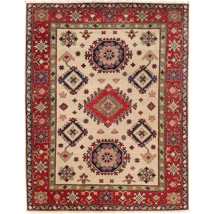 Beige Afghan Kazak Rug 5' 0" x 6' 5" Hand-Knotted | No. AL80525