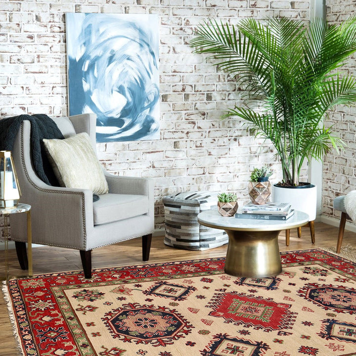 Beige Afghan Kazak Rug 5' 0" x 6' 5" Hand-Knotted | No. AL80525