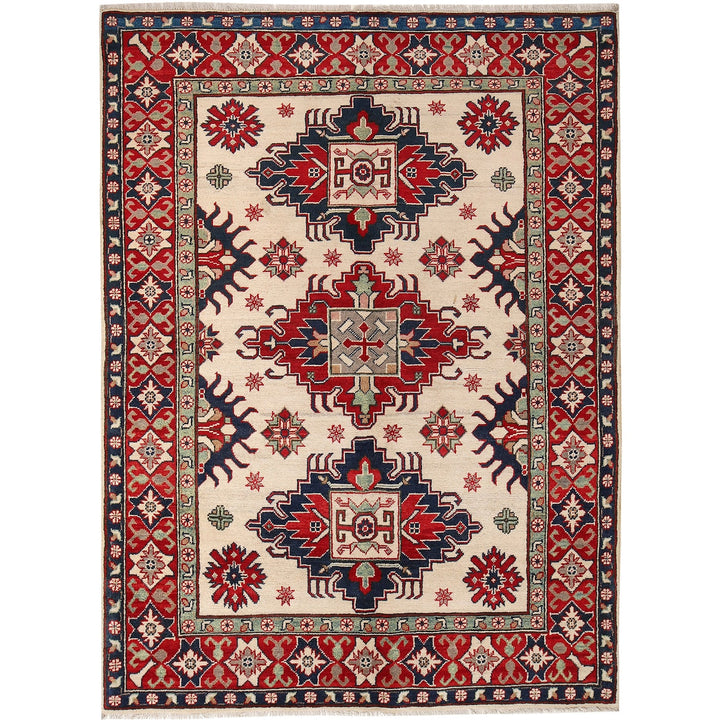 Beige Afghan Kazak Rug 4' 10" x 6' 9" Hand-Knotted