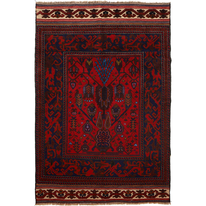 Red Afghan Baluchi Rug 3' 10" x 5' 9" Hand-Knotted