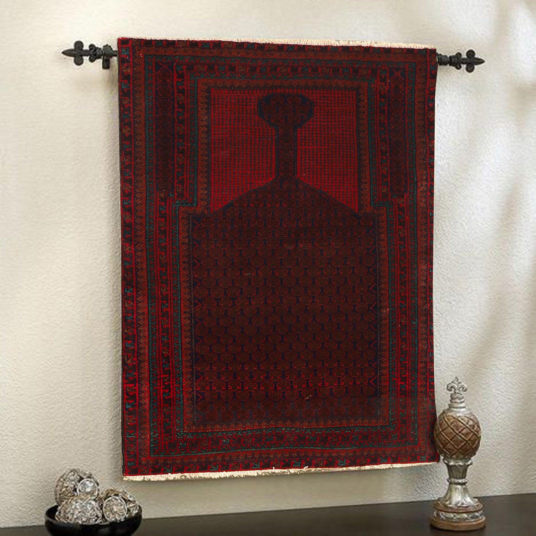 Red Afghan Prayer Rug 2' 11" x 4' 8" Hand-Knotted texture