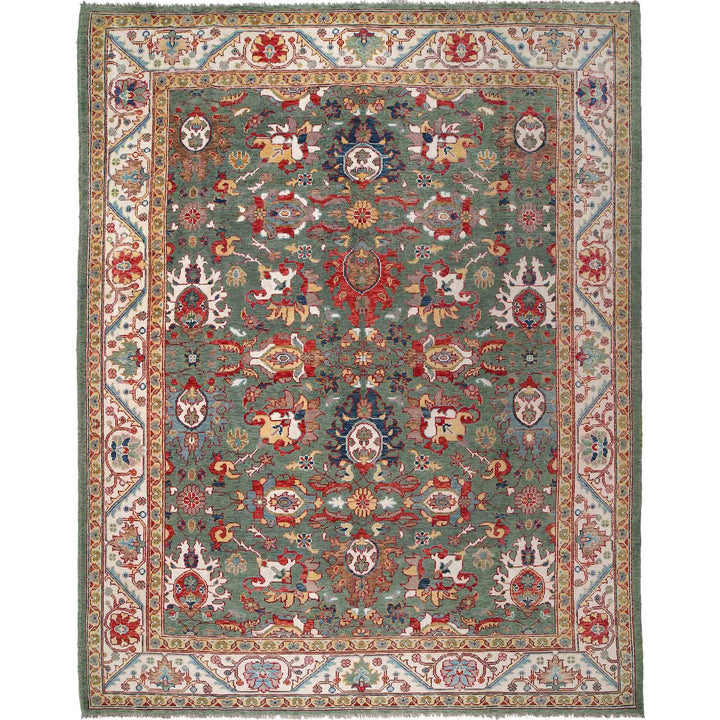 Sage Green Afghan Oushak Rug 9' 5" x 11' 10" Hand-Knotted
