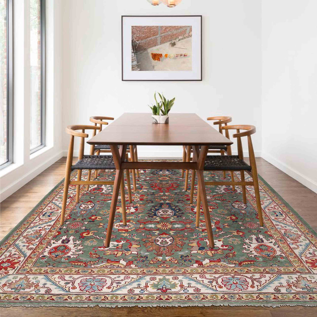 Sage Green Afghan Oushak Rug 9' 5" x 11' 10" Hand-Knotted texture