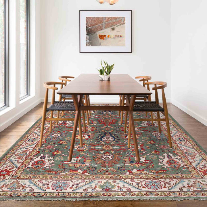 Sage Green Afghan Oushak Rug 9' 5" x 11' 10" Hand-Knotted texture