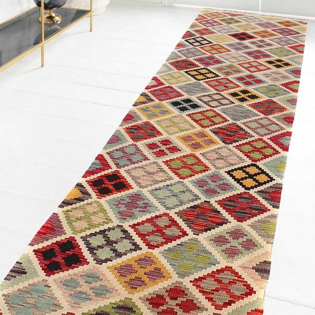 Colorful Flat-Weave Wool Kilim Runner 2' 9" x 9' 7" - No. AL83286