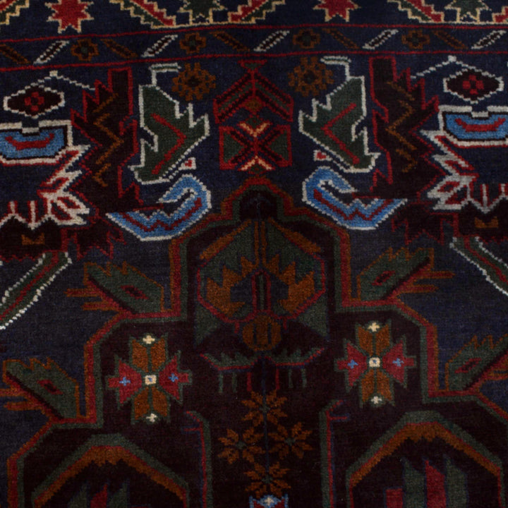 Afghan Baluchi Rug 4' 2" x 7' 1" Hand-Knotted close-up